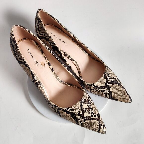 Tahari Kitten Heels Size 10 Snakeskin Tan Brown Pointed Toe Faux Leather Vegan - Picture 8 of 12